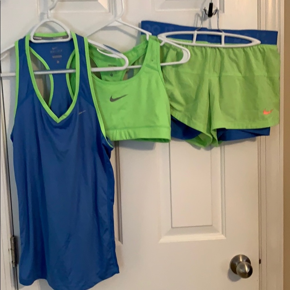 Nike dri fit running shorts, shirt, bra.